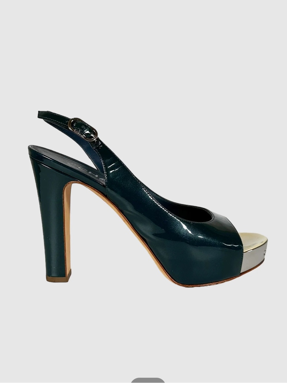 CHANEL Dark Teal Patent Peep-Toe Platform Slingback Heel